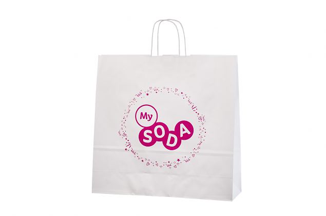 K�yt�nn�llinen ja hyvin suunniteltu valkoinen paperikassi. Minimitilausm��r� omalla painatuksella 