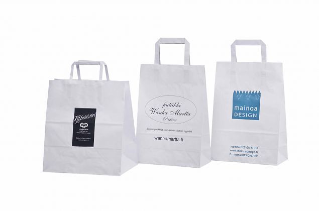 valkoinen litte�kannikkeinen paperikassi painatuksella 