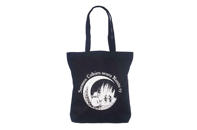 Valge logo tr�kitud siiditr�kis musta v�rvi riidest kotile. Riidest kott on valmistatud 260 grammi