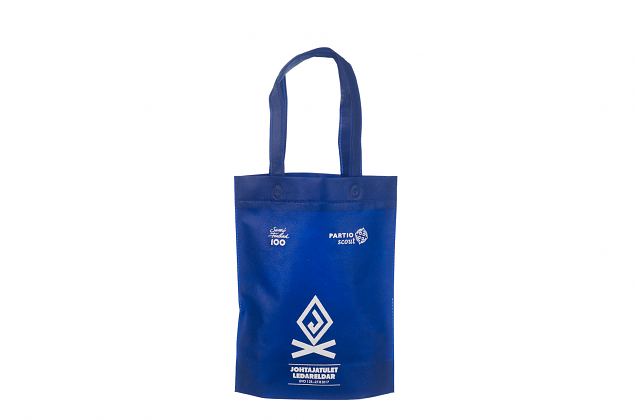 Tekstiilist kott, mis on valmistatud sinisest non woven kangast. Kotile on logo tr�kitud siiditr�k
