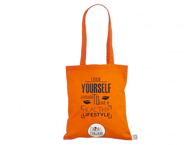 Vahvat, korkealaatuiset oranssit ekologiset kangaskassit. Minimitilausm��r� omalla painatuksella o