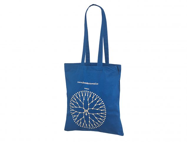 Kest�v� ja vahva sininen puuvillakassi.Minimitilausm��r� omalla painatuksella on 50 kappaletta. Ku