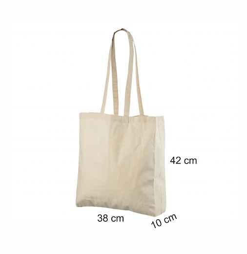 Luonnonvalkoinen kangaskassi leve�ll� pohjalla.Mitat 38x10x42 cm.